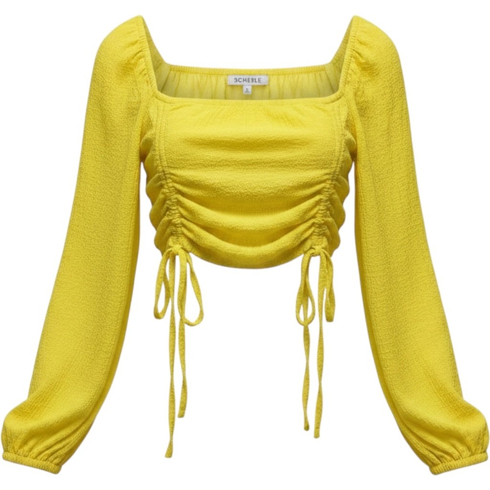 Schie Rue Blouse Womens M Yellow Smocked Ruched Tie Front Crop Square Neck